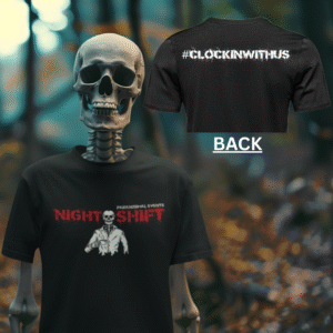 Black unisex t-shirt with the Night Shift Paranormal logo on the front and #clockinwithus printed on the back in bold white text.