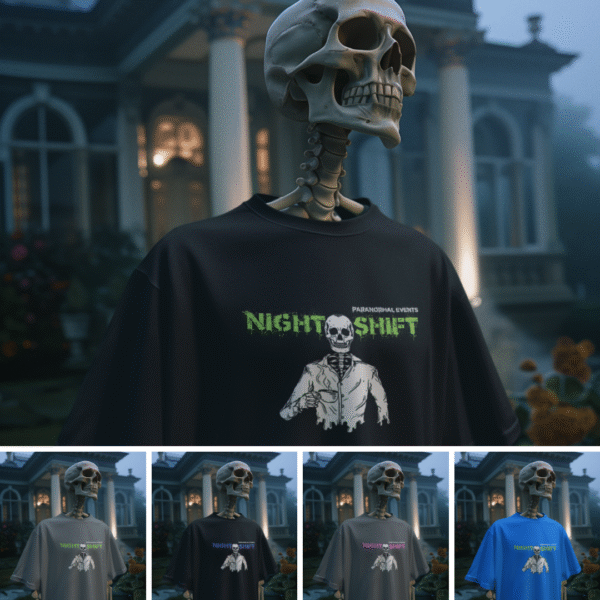 Collage of NSP glow-in-the-dark t-shirts in black, gray, and blue, each featuring a glowing logo on the chest, shown in various lighting.
