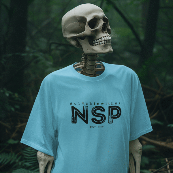 Bright blue NSP t-shirt from the Prism of the Paranormal collection, featuring the Night Shift Paranormal logo on the chest, displayed in a flat lay.