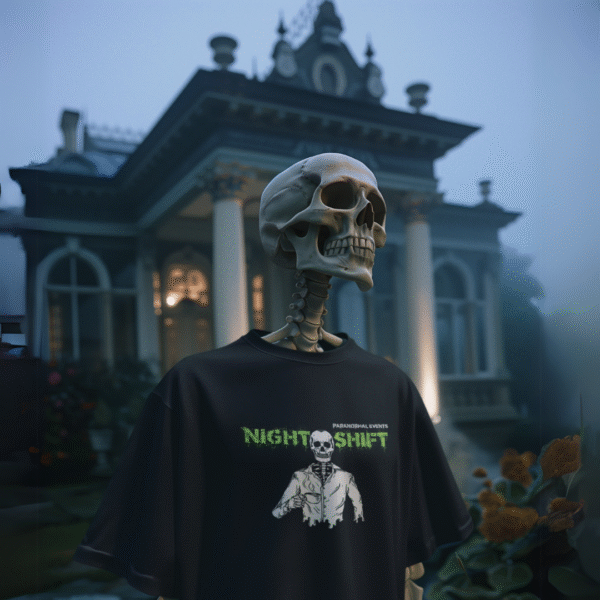 Black NSP t-shirt with a green glow-in-the-dark logo displayed on the chest, shown glowing in low light.