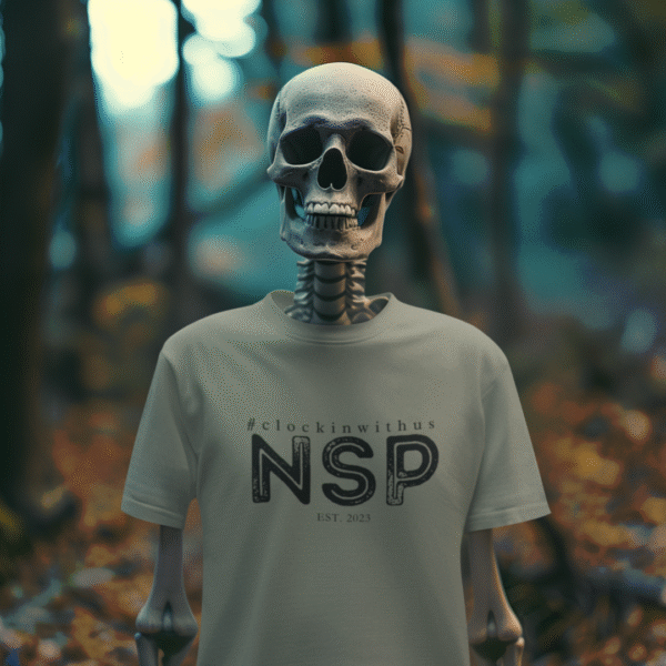 Heather military green NSP t-shirt featuring the Night Shift Paranormal logo on the chest, displayed flat against a dark background.