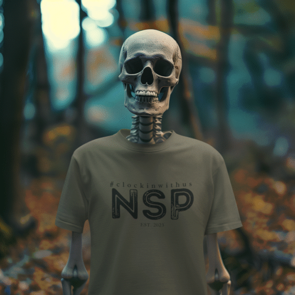Military brown t-shirt featuring the Night Shift Paranormal logo on the chest, displayed flat on a neutral background.