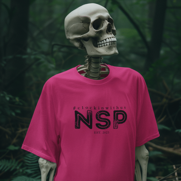 Bright neon pink NSP t-shirt from the Prism of the Paranormal collection, featuring the Night Shift Paranormal logo on the chest, displayed flat.