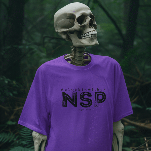 Bright purple NSP t-shirt from the Prism of the Paranormal collection, featuring the Night Shift Paranormal logo on the chest, shown in a flat lay display