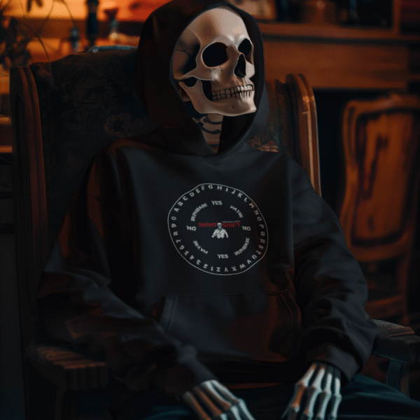 Black NSP Pendulum Hoodie featuring a white pendulum board design on the front; unisex fit with a sleek, paranormal-inspired look.