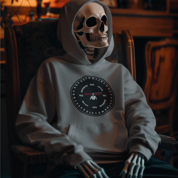 Charcoal gray NSP Pendulum Hoodie featuring a white pendulum board design on the front; cozy, unisex fit with paranormal style.