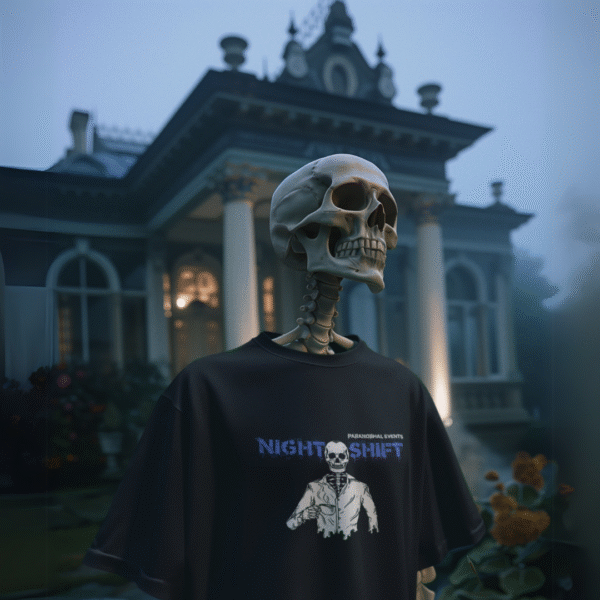 Black NSP t-shirt with a blue glow-in-the-dark logo on the chest, glowing in a dark setting.