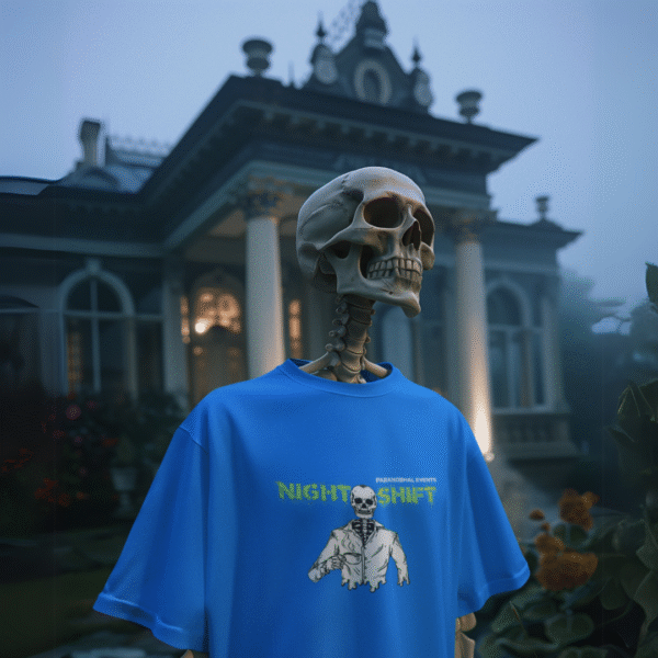 Blue NSP t-shirt with a green glow-in-the-dark logo on the chest, shown glowing in the dark.