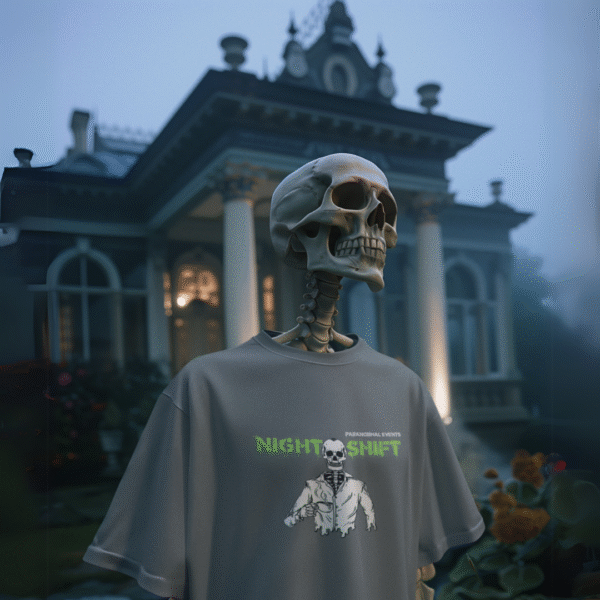 Gray NSP t-shirt featuring a green glow-in-the-dark logo on the chest, illuminated in dim lighting.