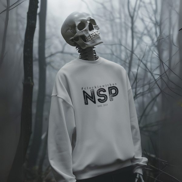Gray NSP sweatshirt featuring the Night Shift Paranormal logo on the front, displayed on a flat lay with soft lighting.