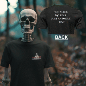Black unisex t-shirt with the Night Shift Paranormal logo on the front and the slogan 'No Sleep. No Fear. Just Answers.' printed on the back.